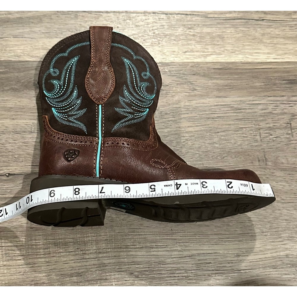 Ariat Brown Leather Western Ankle Boot with Teal Stitching - Picture 13 of 13